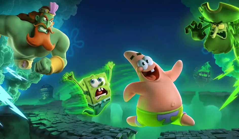 SpongeBob en Patrick springen angstig, omgeven door spookachtige figuren en groene bliksem in een mysterieuze onderwaterwereld.