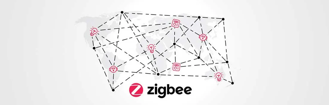 Un réseau de lignes pointillées noires sur une carte grise pâle, avec des icônes roses d'ampoules et d'appareils, et le logo Zigbee.