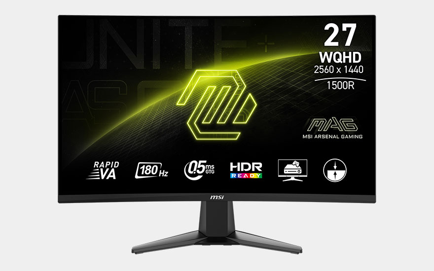Un écran gaming incurvé MSI de 27 pouces affiche un logo jaune, la résolution WQHD 2560x1440, 180Hz et d’autres spécifications.