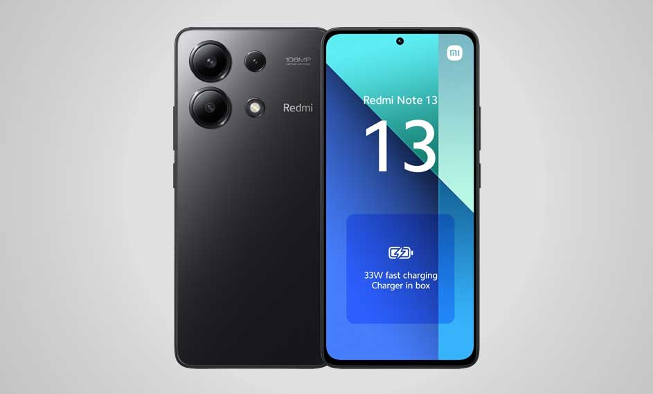 Deux smartphones Redmi Note 13 sur fond gris. L'un montre l'arrière noir avec trois objectifs, l'autre l'écran bleu et blanc.