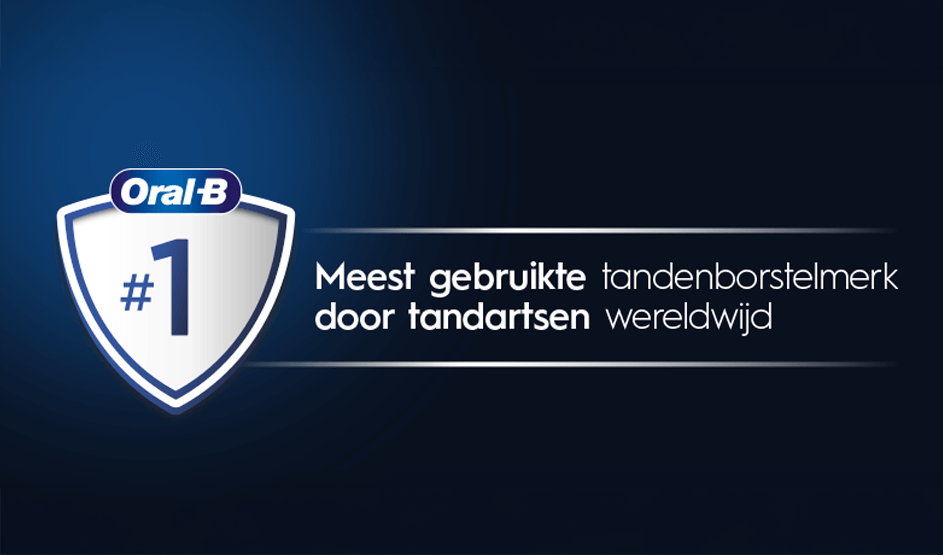 Oral-B-logo op een schild met #1, met tekst dat het wereldwijd het meest gebruikte tandenborstelmerk door tandartsen is.