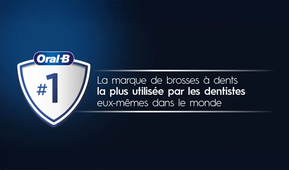 Logo Oral-B sur un bouclier avec #1, disant que c’est la marque de brosse à dents la plus utilisée par les dentistes au monde.