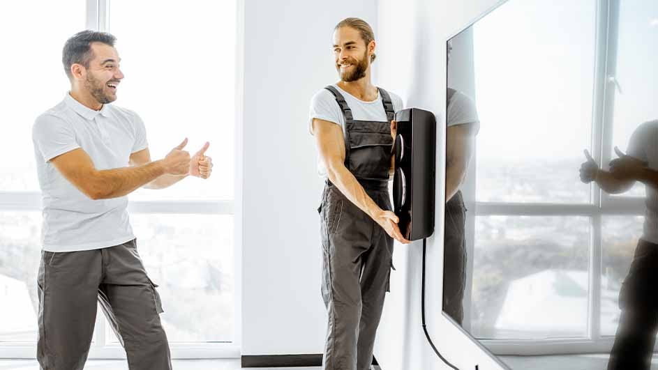 Two workers install a black speaker next to a flat screen TV on a white wall near a window.
