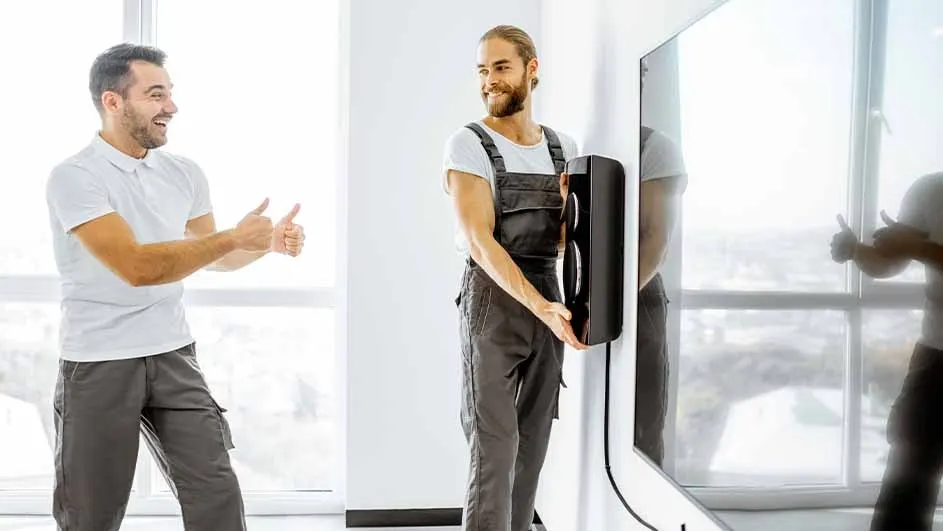 Two workers install a black speaker next to a flat screen TV on a white wall near a window.