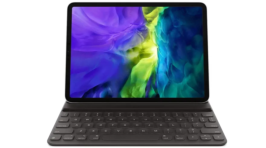 Een tablet met een donker toetsenbord is te zien tegen een witte achtergrond. Het scherm toont blauwe, groene en paarse kleuren.