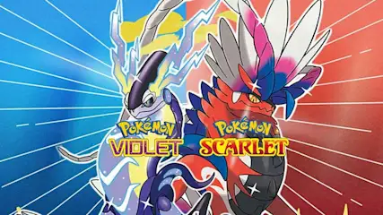 Twee Pokémon-monsters op een blauw-rode achtergrond. Links staat "Pokémon Violet" en rechts "Pokémon Scarlet".