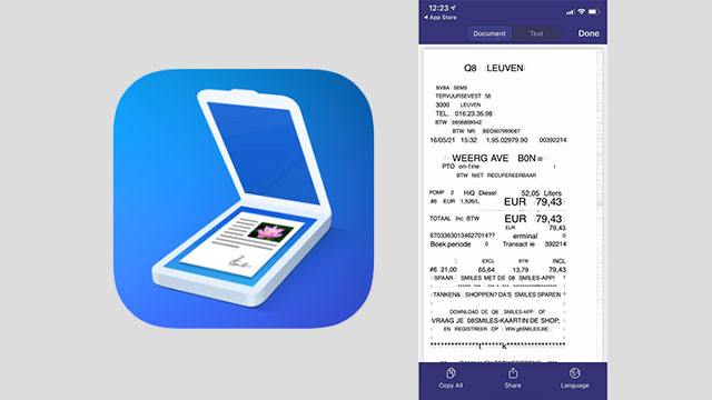 App-icoon toont een blauwe scanner met document. Telefoonscherm toont een kassabon met tekst en bedragen in euro.