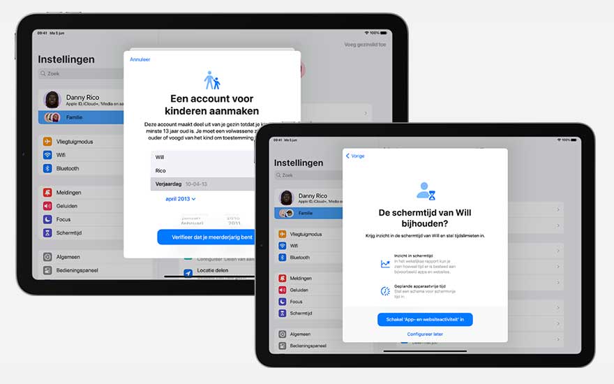 Twee iPads tonen instellingen. De ene vraagt om een kinderaccount aan te maken, de andere om de schermtijd van Will te beheren.