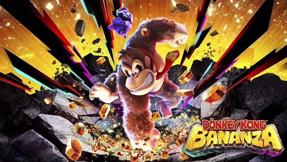 Donkey Kong en Diddy Kong staan centraal, met rotsen en kleurrijke lichtstralen op een geel-zwarte achtergrond. De titel is 'Donkey Kong Bananza'.