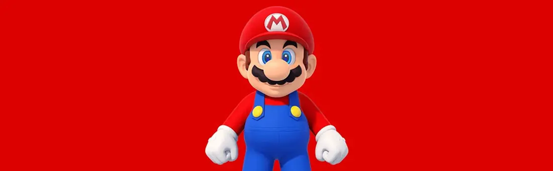 Mario stands on a red background, wearing a red hat and overalls.