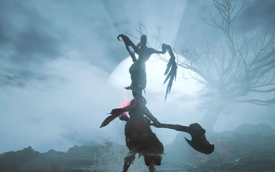 Une silhouette de guerrier ailé se dresse contre une grande lune dans un paysage brumeux d'arbres nus avec des accents magiques roses.