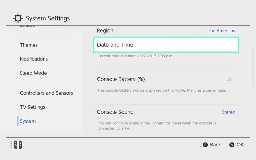 Een scherm van een Nintendo Switch toont systeeminstellingen zoals thema's, slaapstand, datum/tijd en consolebatterij.