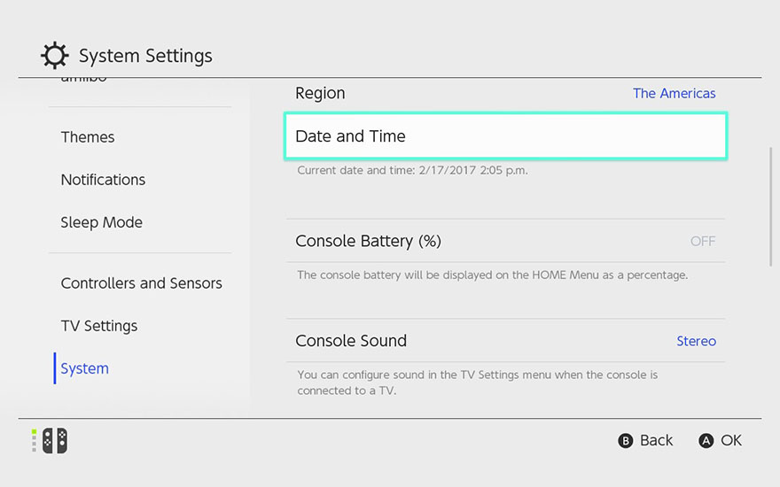 Menu Système Nintendo Switch affichant les paramètres de date, d'heure et de région. L'alimentation de la console et les paramètres audio sont également visibles.