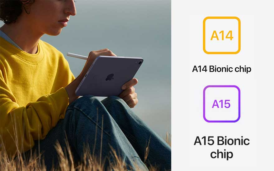 Une personne assise dans l'herbe utilise une tablette violette avec un stylet. À droite, des puces A14 et A15 sont affichées.