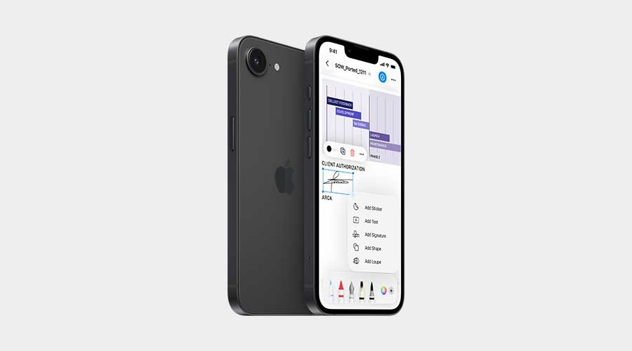 Two black iPhones stand side by side on a gray background; one shows an app with charts and a document ready for digital signing.