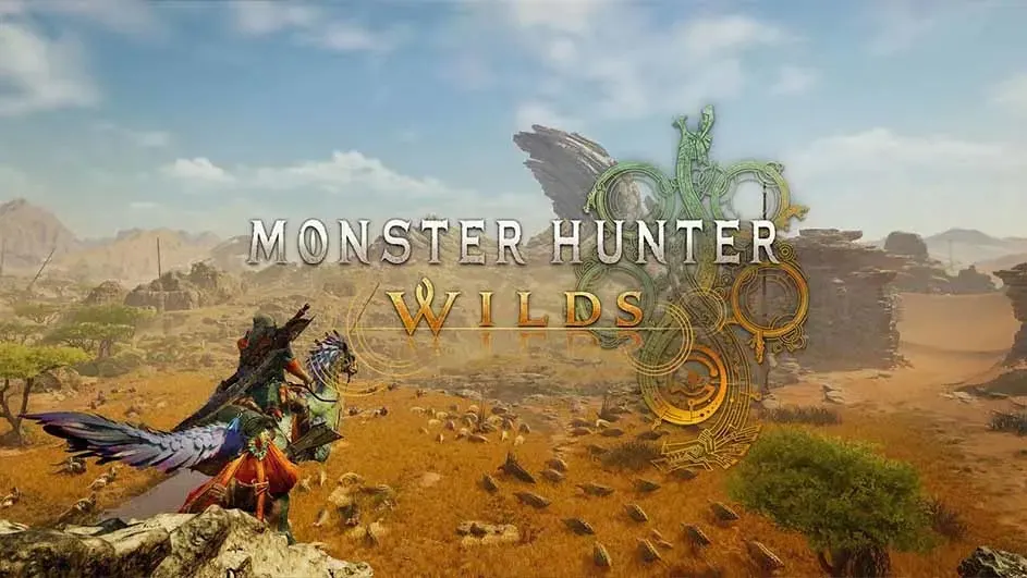 Image du jeu vidéo Monster Hunter Wilds, avec un paysage désertique sous un ciel bleu clair et des créatures au premier plan.
