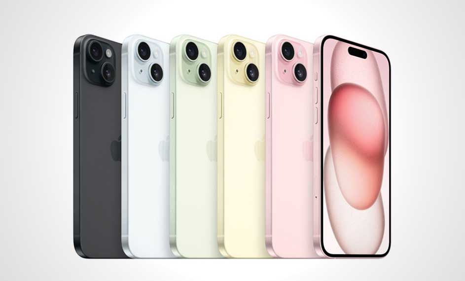 Six iPhones de différentes couleurs (noir, blanc, vert, jaune, rose) sont alignés sur un fond blanc.