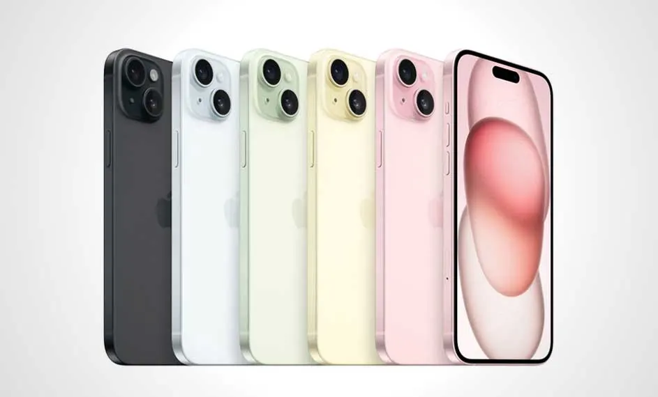 Vijf iPhones staan naast elkaar in kleuren: zwart, wit, groen, geel en roze. Het scherm van de roze toont een abstract patroon.