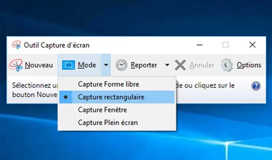Un menu Windows de l’outil Capture affiche des options de sélection libre, rectangulaire, fenêtrée ou plein écran.