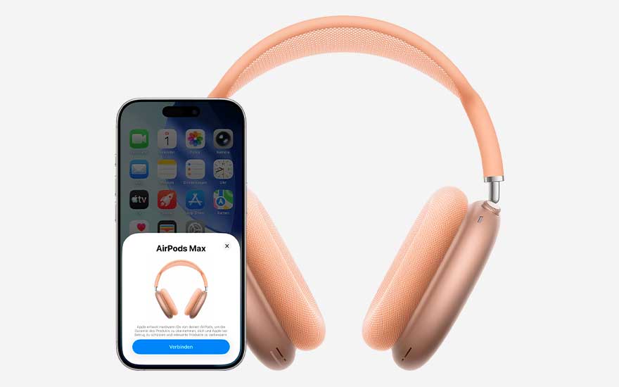 A smartphone displays its home screen while a pairing window shows orange headphones, which also appear enlarged standing beside the device.