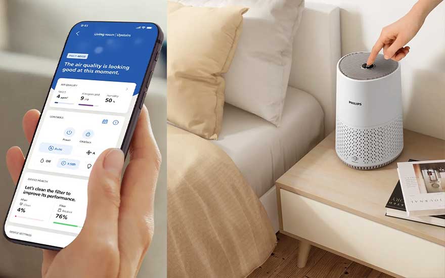 On the left, an app shows air quality data, while on the right a hand operates a compact Philips purifier by the bed.