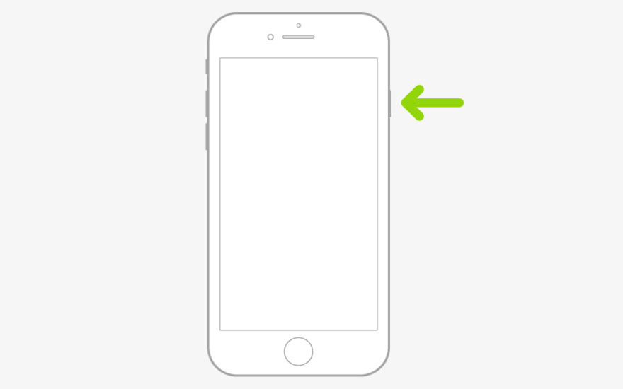 Een schematische weergave van een smartphone met een groene pijl die naar de zijkant wijst, tegen een witte achtergrond.