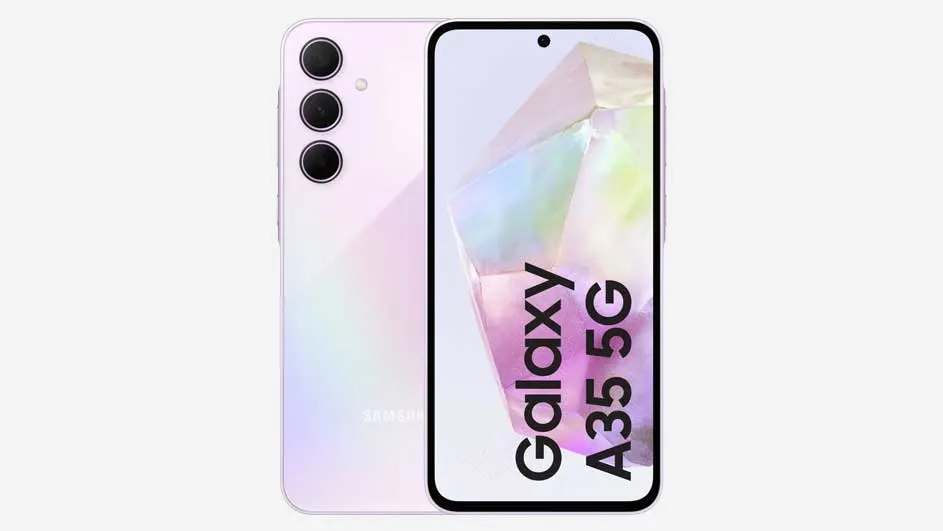 Een Samsung Galaxy A35 5G, met drie camera's achteraan, in het paars, staat tegen een witte achtergrond.