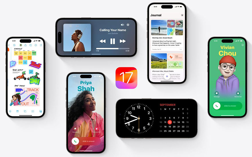 Plusieurs écrans d'iPhone affichent diverses applications et interfaces, y compris un lecteur de musique, un journal et un calendrier.