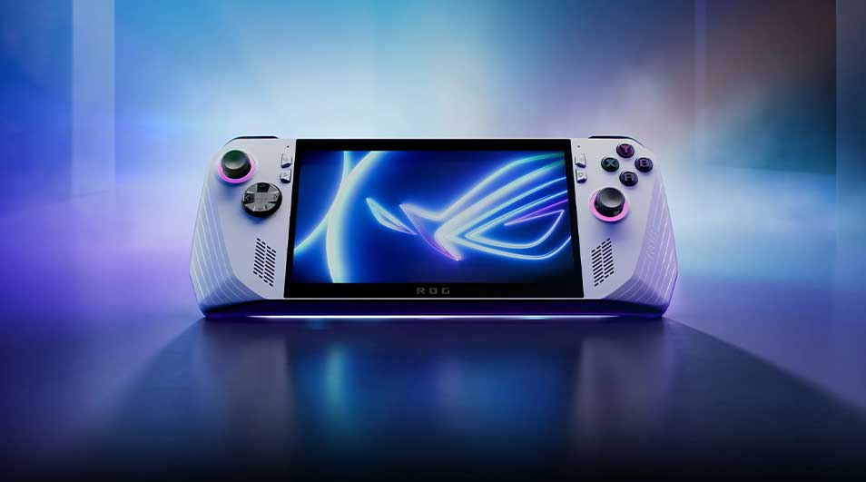 Console de jeu blanche sur une surface brillante. L'écran affiche un logo bleu. L'arrière-plan est bleu et violet.