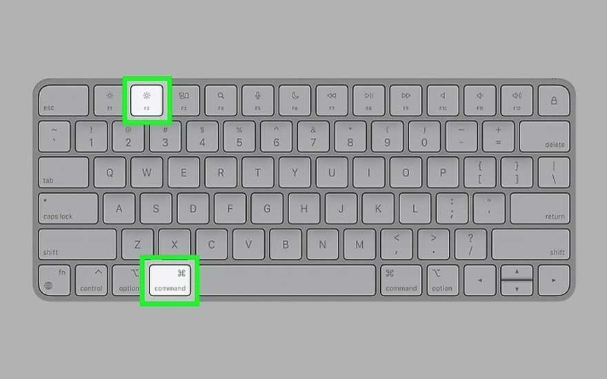 Clavier gris avec touches alphanumériques. Les touches F1 et Command sont encadrées en vert. Fond gris uni.