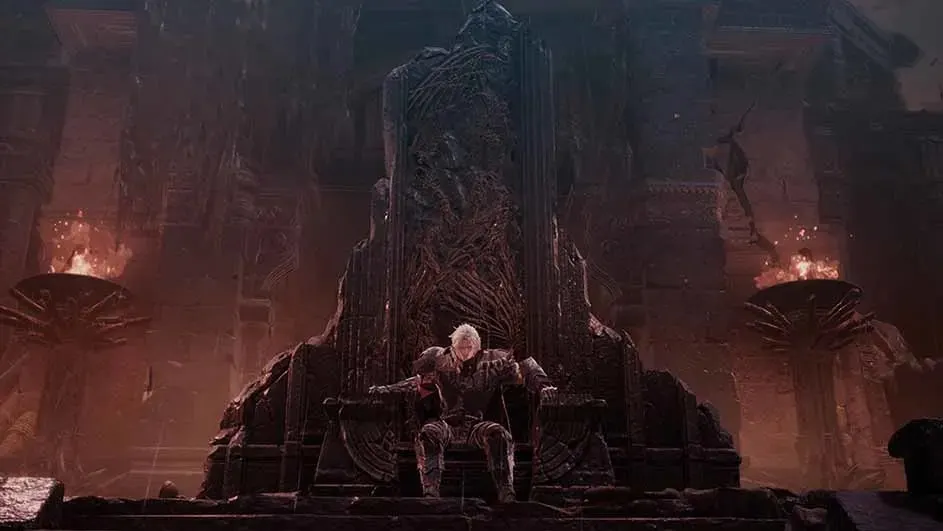 Een stenen troon staat centraal in een donkere ruimte, verlicht door fakkels. Het geheel heeft een donkere, gotische uitstraling.