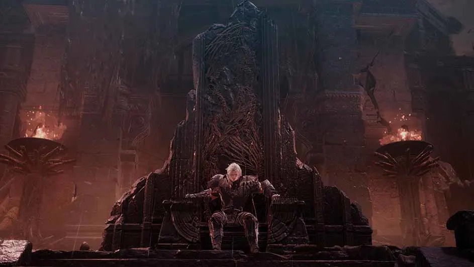 Un trône sombre dans une salle rougeoyante avec des torches. Un siège orné domine, et une figure est assise devant.