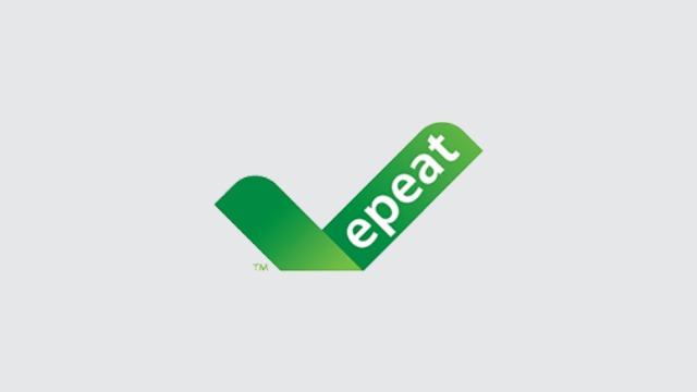 Logo "epeat" en blanc sur un symbole vert en forme de coche sur fond blanc.