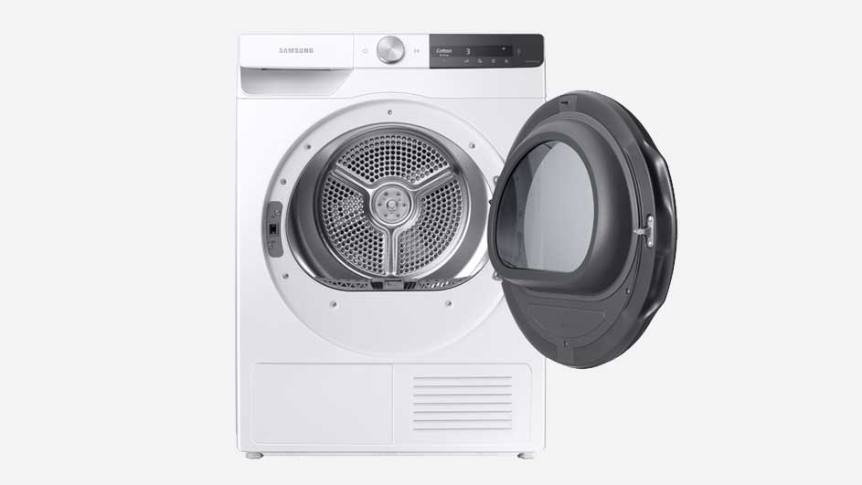 Séchoir blanc Samsung avec porte ouverte, tambour en métal visible. Fond blanc uni.