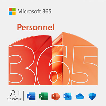 Emballage Microsoft 365 Personal avec grands chiffres "365" rouge/orange, montre applications Office comme Word, Excel en bas.