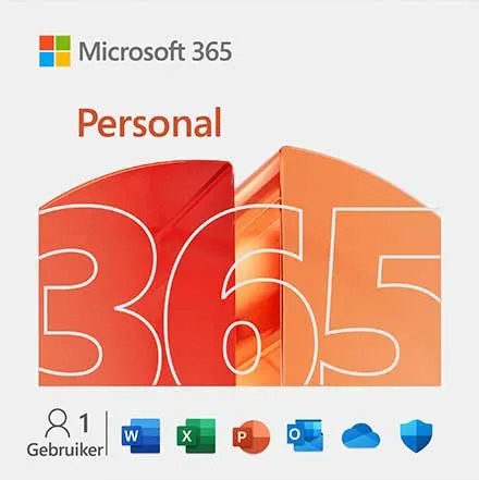 Microsoft 365 Personal verpakking met grote "365" cijfers in rood/oranje, toont Office apps zoals Word, Excel, PowerPoint beneden.