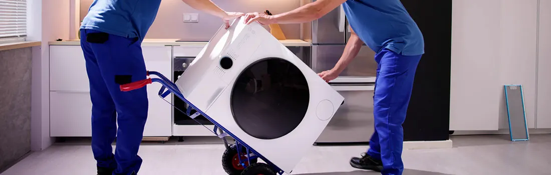Twee verhuizers verplaatsen een witte wasmachine op een blauwe steekwagen in een keuken.