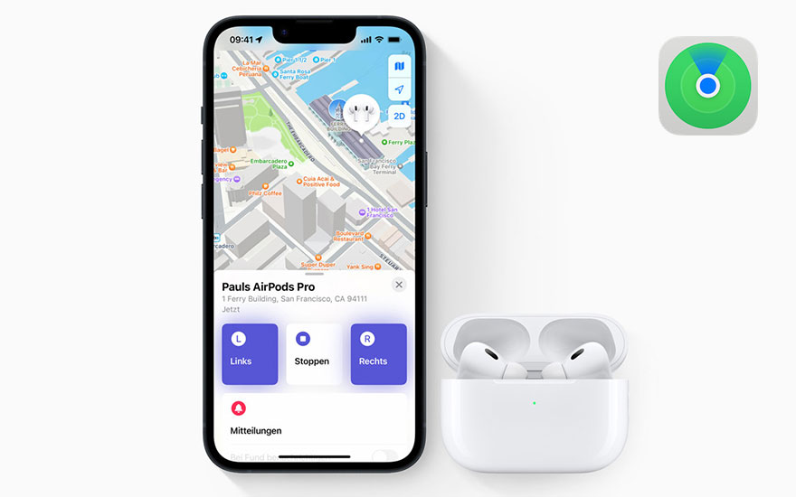 iPhone affichant une carte pour localiser des AirPods Pro dans leur boîtier blanc, avec une icône verte de localisation.