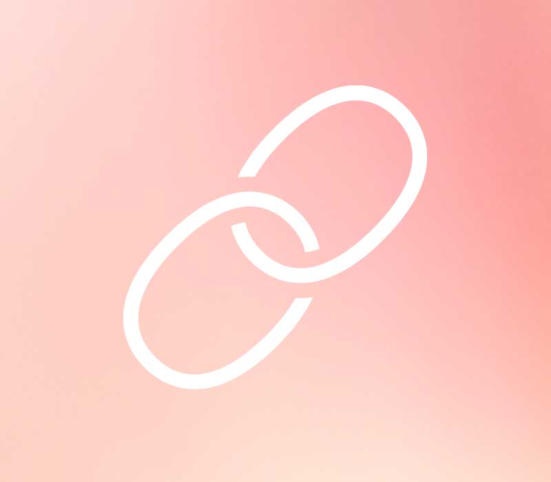 Un symbole de lien blanc sur un fond rose dégradé. Deux ovales entrelacés, évoquant une connexion.