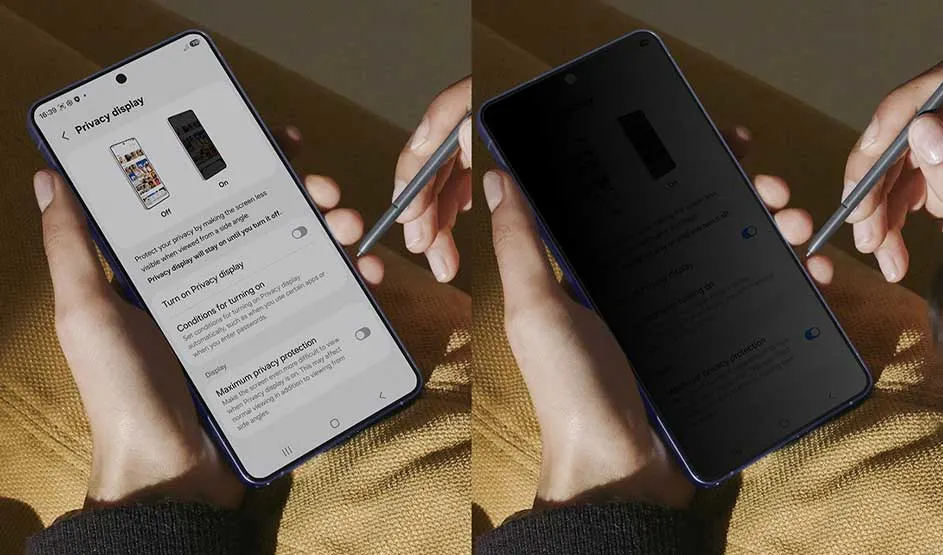 Twee beelden van een smartphone: links duidelijk privacymenu, rechts verduisterd scherm. Hand met stylus toont ingeschakelde bescherming.
