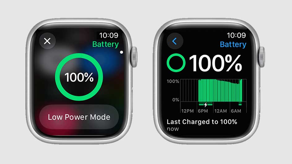 Deux montres intelligentes affichent l'état de la batterie à 100 %. L'une montre un cercle vert et l'autre un graphique de l'utilisation.