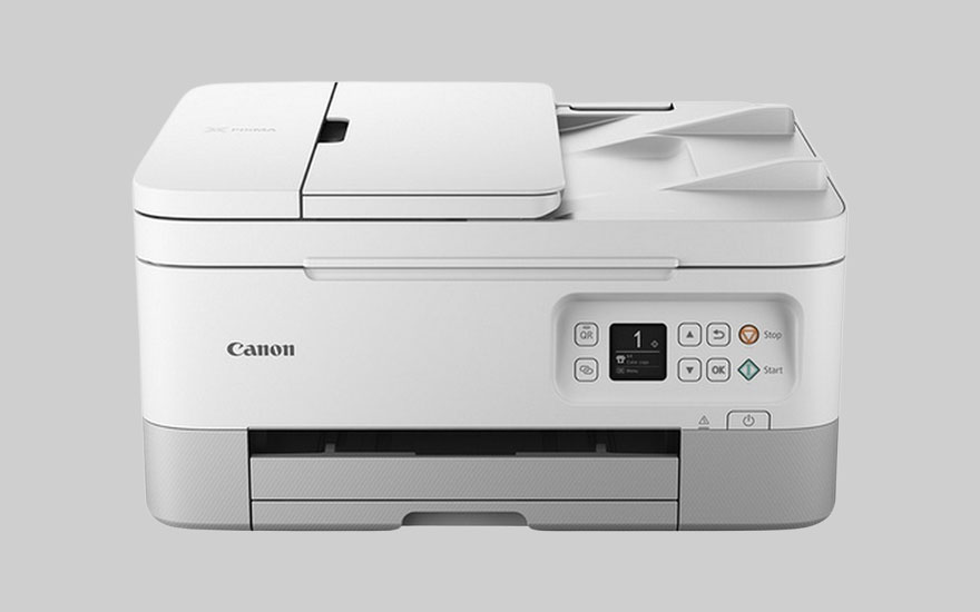 Een witte Canon printer staat op een grijze achtergrond. De printer heeft een bedieningspaneel met knoppen en een display.