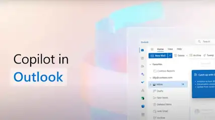 Tekst toont "Copilot in Outlook", met een Outlook-scherm. Menu's omvatten 'Nieuwe Mail', 'Inbox', 'Verzonden items', en 'Archief'. Zoekbalk bovenaan.