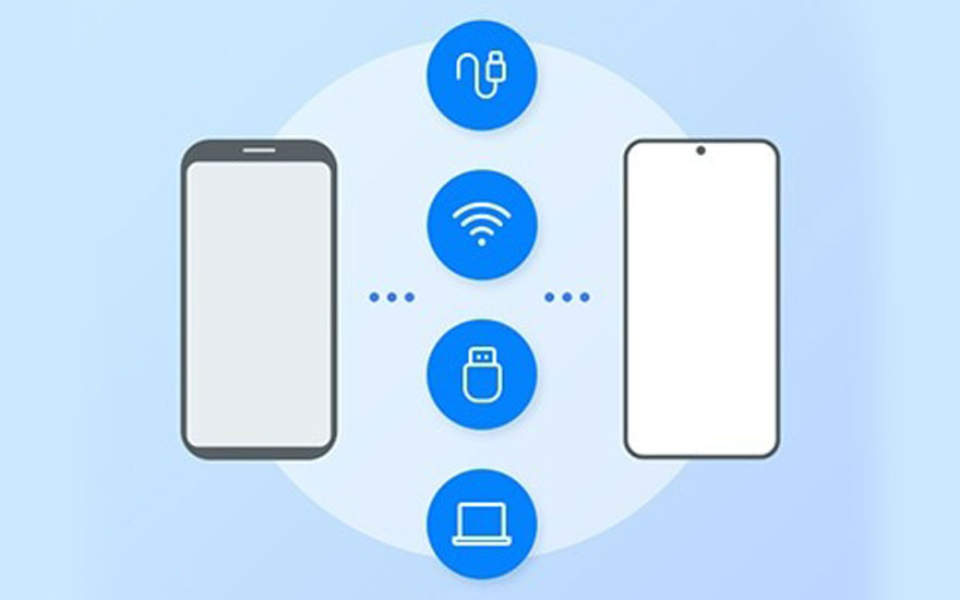 Deux smartphones blancs sont connectés par câble, wifi, USB et ordinateur sur fond bleu.