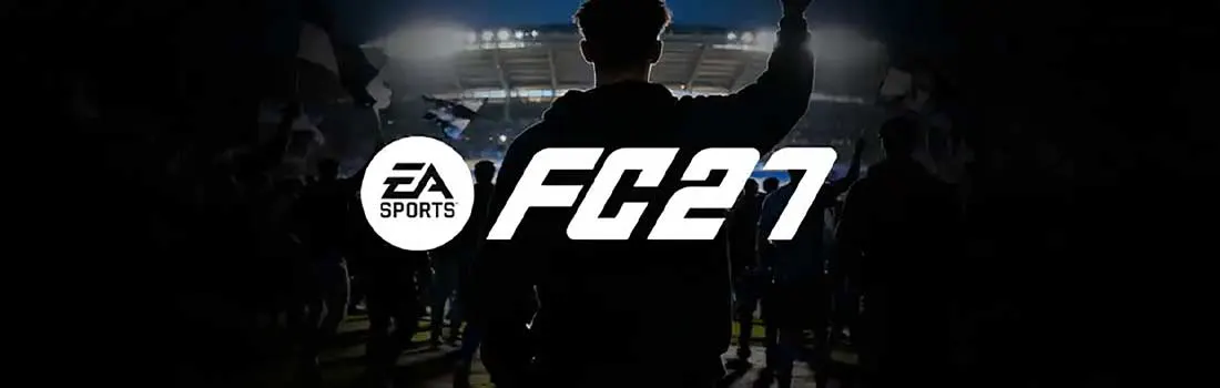 Une scène sombre dans un stade montre des supporters en silhouette, avec le logo EA Sports FC 27 illuminé au centre.