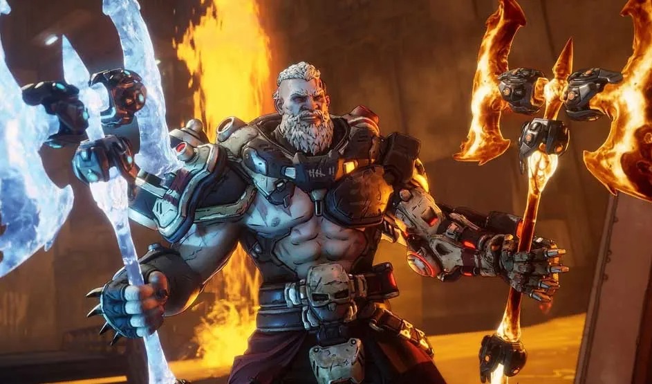 Dit is een videogame. Een gespierde krijger met cybernetisch harnas houdt een ijzige bijl en een vurige bijl vast in een vurige omgeving. Merk: Borderlands 3.