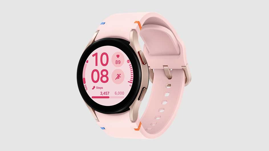 A pink smartwatch with a black bezel shows the time 10:08. The step count is 3,457 of 6,000. The band is pink.