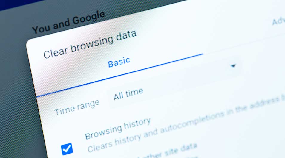 Options de confidentialité Google : "Effacer les données de navigation" avec paramètres de base, période "Toutes les données" et historique coché.