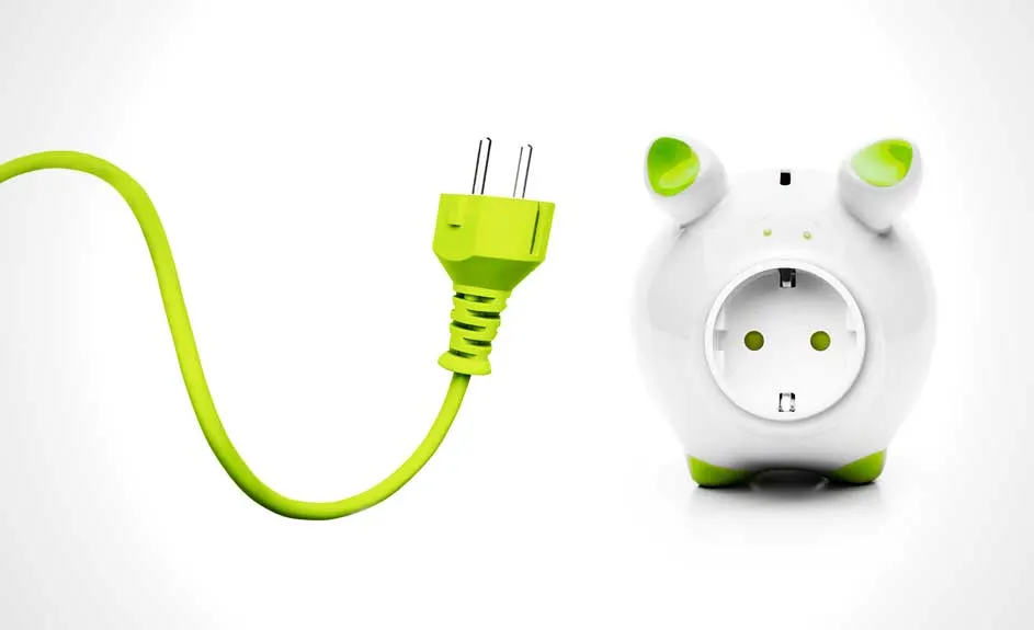 Prise électrique verte connectée à une tirelire blanche en forme de cochon avec une prise intégrée. Fond blanc.