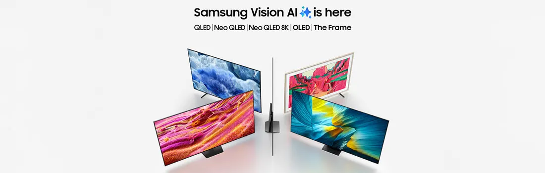 Quatre téléviseurs Samsung affichent des images colorées sur un fond blanc, avec du texte de marketing en haut.